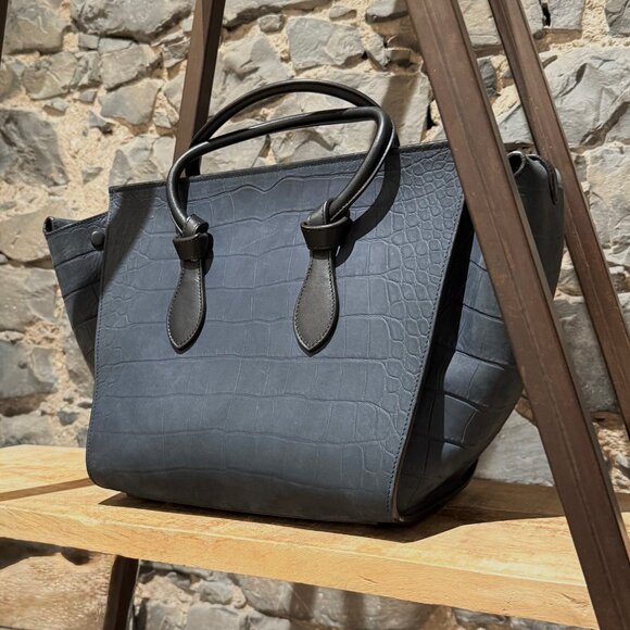 Céline Midnight Blue Croc Embossed Nubuck Small Tie Tote - Picture 7 of 15